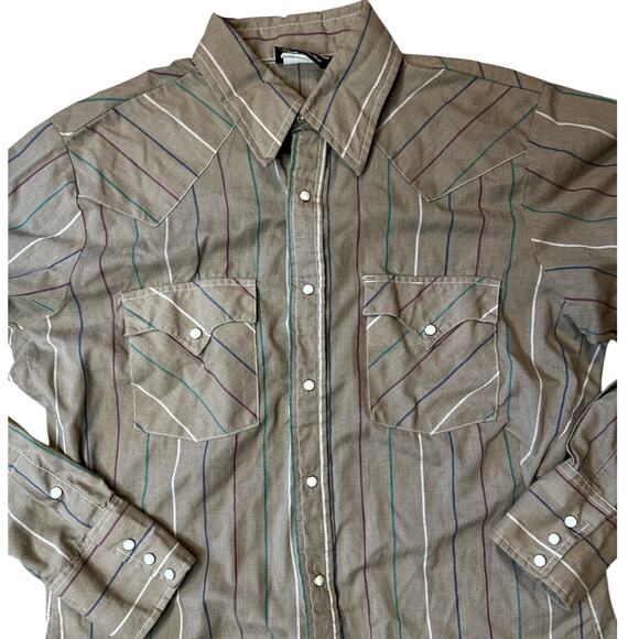 Vtg Holt Western Pearl Snap Mens Medium Brown Striped Button Down Shirt USA Made - Picture 2 of 6